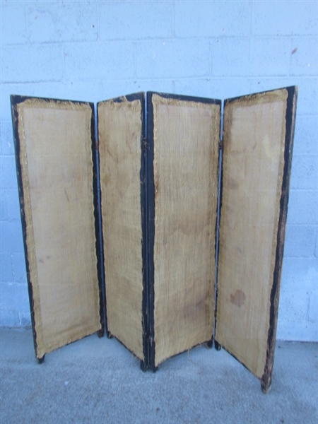 4 PANEL WOOD FRAMED PRIVACY SCREEN W/BURLAP CENTERS