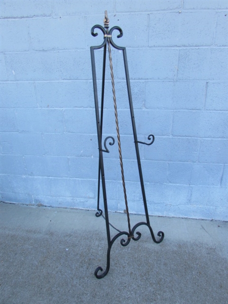 WROUGHT IRON ORNATE EASEL W/ADJUSTABLE SIGN SUPPORTS