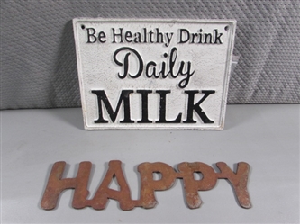 "MILK" PLAQUE & METAL "HAPPY" WALL ART