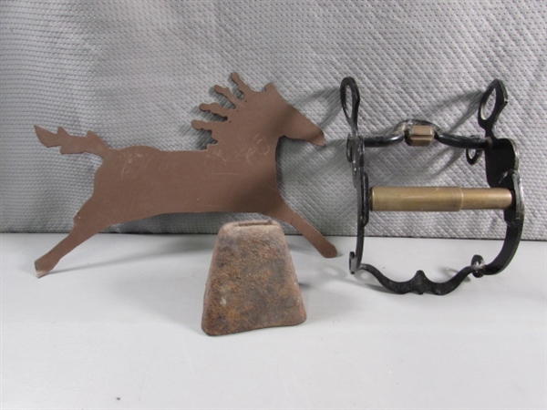 METAL HORSE SILHOUETTE, OLD COWBELL & TOILET PAPER HOLDER BIT