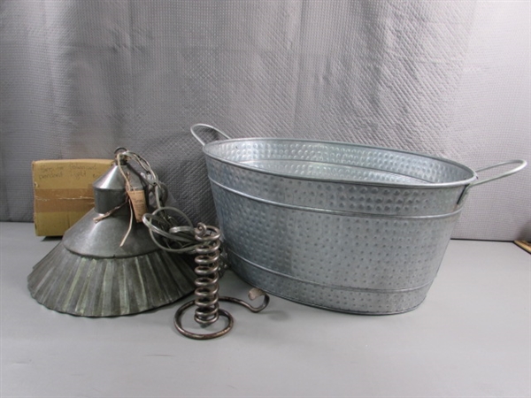 GALVANIZED HANGING PENDANT LIGHT, BUCKET & STEEL CANDLE HOLDER