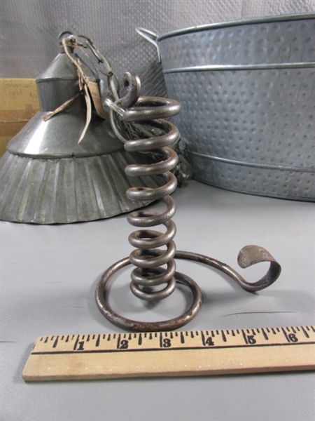 GALVANIZED HANGING PENDANT LIGHT, BUCKET & STEEL CANDLE HOLDER