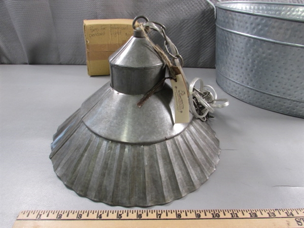 GALVANIZED HANGING PENDANT LIGHT, BUCKET & STEEL CANDLE HOLDER