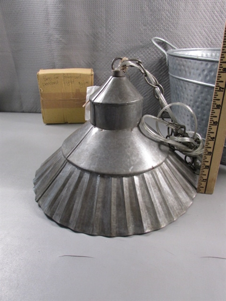 GALVANIZED HANGING PENDANT LIGHT, BUCKET & STEEL CANDLE HOLDER