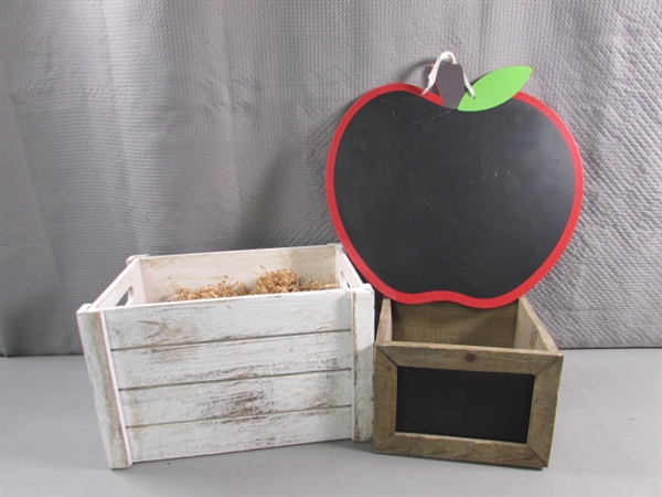 WOODEN BOXES & APPLE CHALKBOARD