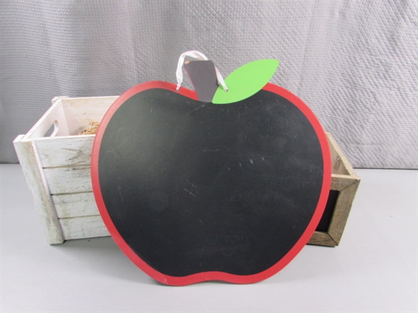 WOODEN BOXES & APPLE CHALKBOARD