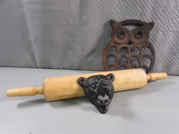 VINTAGE WOODEN ROLLING PIN & CAST IRON OWL TRIVET, NEW CAST IRON BEAR BOTTLE OPENER