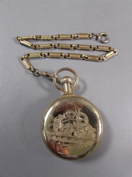 VINTAGE POCKET WATCH W/TRAIN DESIGN