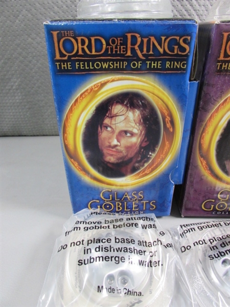 LORD OF THE RINGS TRILOGY IN PAPERBACK & THREE NEW GLASS GOBLETS THAT LIGHT UP