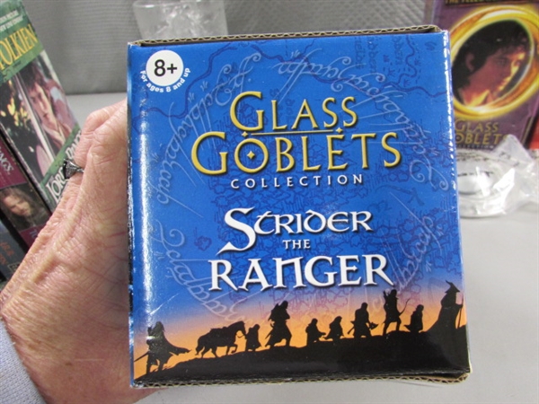 LORD OF THE RINGS TRILOGY IN PAPERBACK & THREE NEW GLASS GOBLETS THAT LIGHT UP