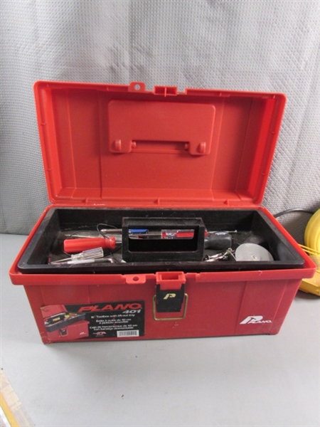 DROP LIGHT & TOOLBOX W/ASSORTED TOOLS