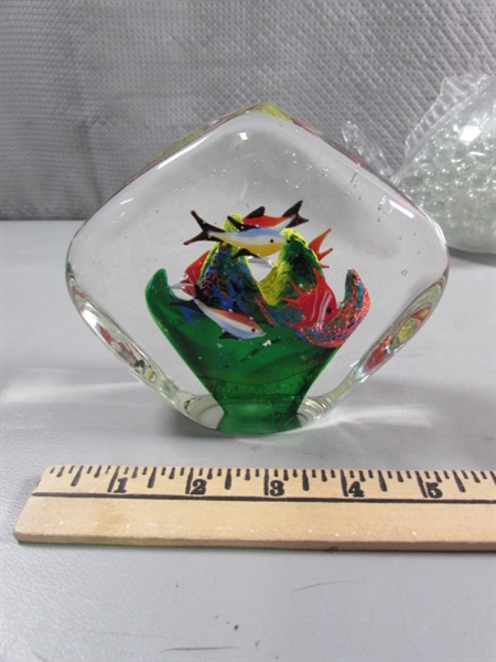 HAND BLOWN FISH PAPERWEIGHT, MEXICAN CLAY FISH & FISH VASE W/CLEAR MARBLES