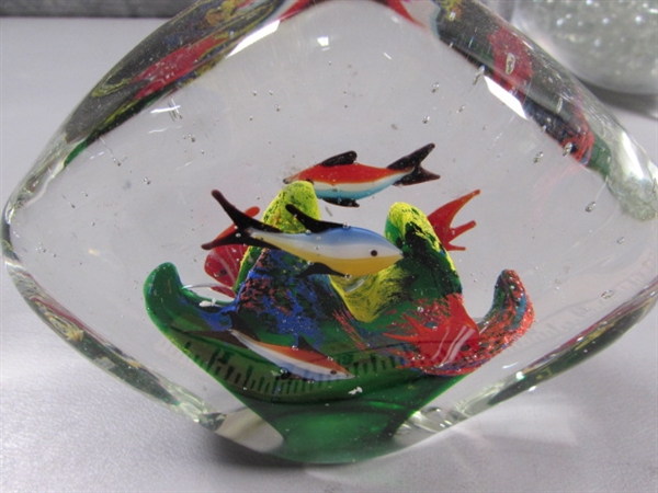 HAND BLOWN FISH PAPERWEIGHT, MEXICAN CLAY FISH & FISH VASE W/CLEAR MARBLES