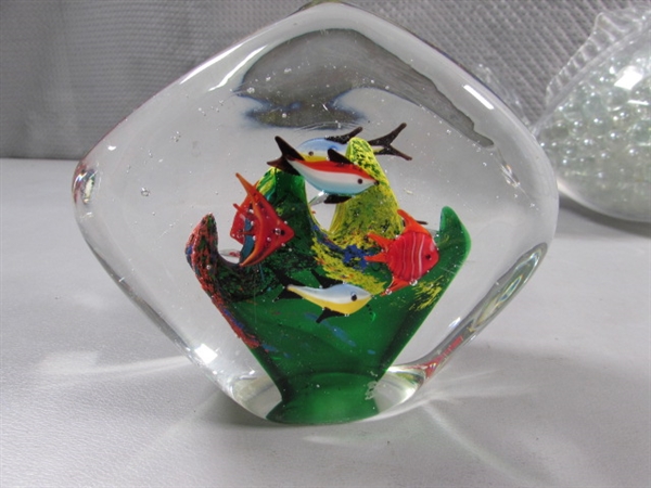 HAND BLOWN FISH PAPERWEIGHT, MEXICAN CLAY FISH & FISH VASE W/CLEAR MARBLES