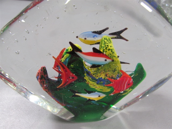 HAND BLOWN FISH PAPERWEIGHT, MEXICAN CLAY FISH & FISH VASE W/CLEAR MARBLES