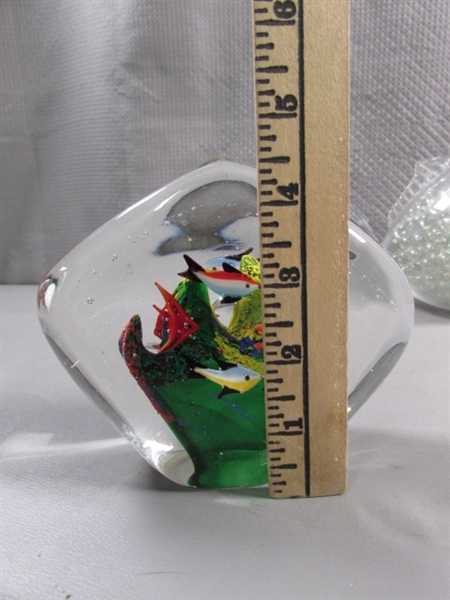 HAND BLOWN FISH PAPERWEIGHT, MEXICAN CLAY FISH & FISH VASE W/CLEAR MARBLES