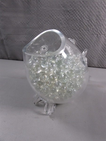 HAND BLOWN FISH PAPERWEIGHT, MEXICAN CLAY FISH & FISH VASE W/CLEAR MARBLES