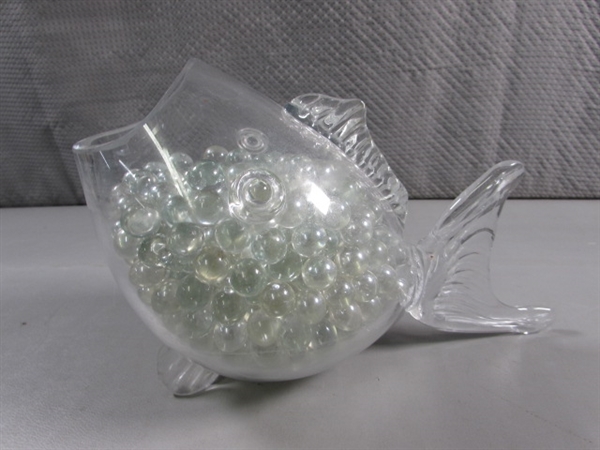 HAND BLOWN FISH PAPERWEIGHT, MEXICAN CLAY FISH & FISH VASE W/CLEAR MARBLES