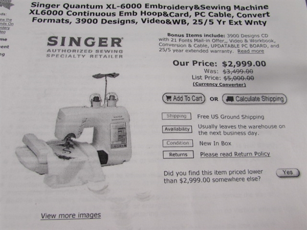 SINGER QUANTUM XL 6000 EMBROIDERY MACHINE & ATTACHMENTS