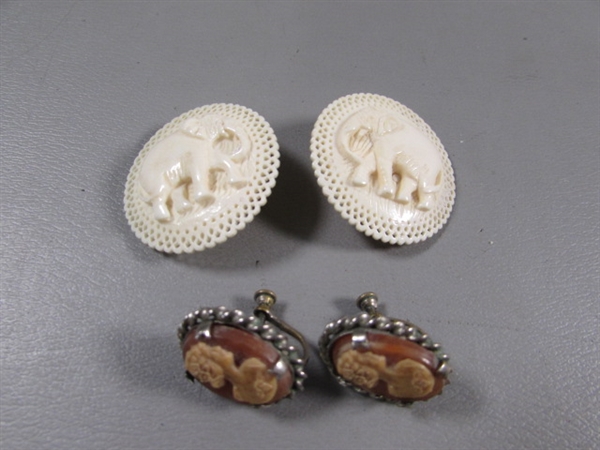 VINTAGE CARVED BONE ELEPHANT & CAMEO CLIP-ON & SCREW BACK EARRINGS