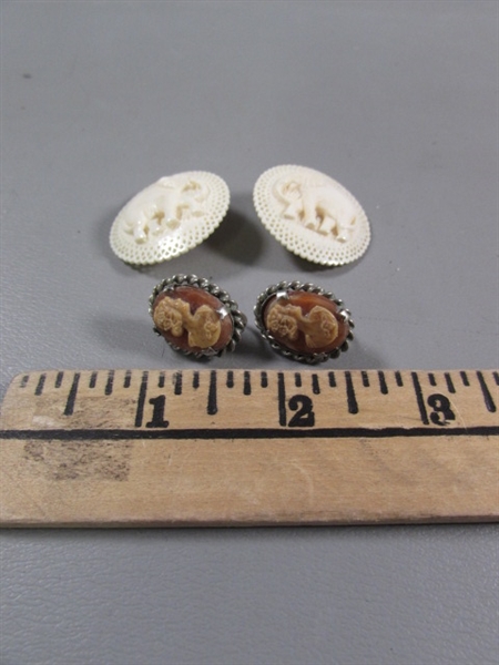 VINTAGE CARVED BONE ELEPHANT & CAMEO CLIP-ON & SCREW BACK EARRINGS