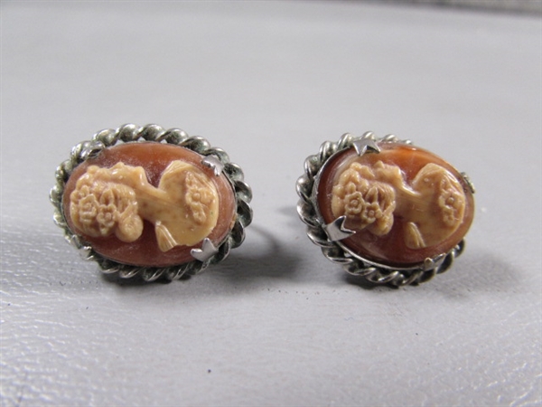 VINTAGE CARVED BONE ELEPHANT & CAMEO CLIP-ON & SCREW BACK EARRINGS