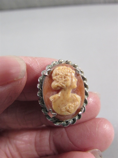 VINTAGE CARVED BONE ELEPHANT & CAMEO CLIP-ON & SCREW BACK EARRINGS