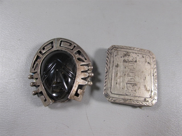 VINTAGE STERLING SILVER & OBSIDIAN MAYAN/AZTEC WARRIOR BASK TIE SLIDE & MONOGRAMED TIE SLIDE