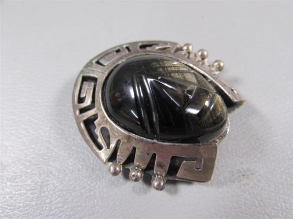 VINTAGE STERLING SILVER & OBSIDIAN MAYAN/AZTEC WARRIOR BASK TIE SLIDE & MONOGRAMED TIE SLIDE