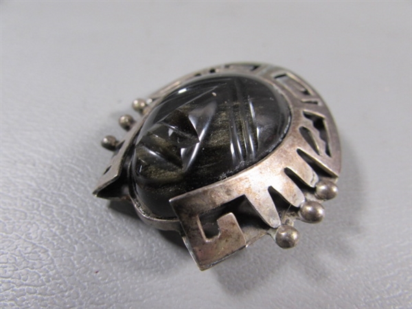 VINTAGE STERLING SILVER & OBSIDIAN MAYAN/AZTEC WARRIOR BASK TIE SLIDE & MONOGRAMED TIE SLIDE