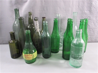 VINTAGE GREEN GLASS BOTTLES