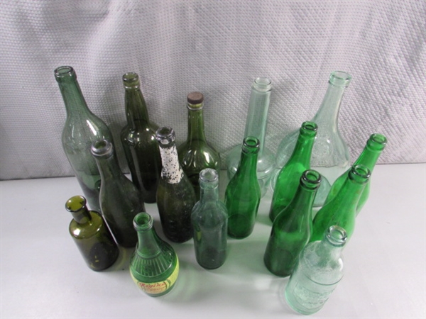 VINTAGE GREEN GLASS BOTTLES