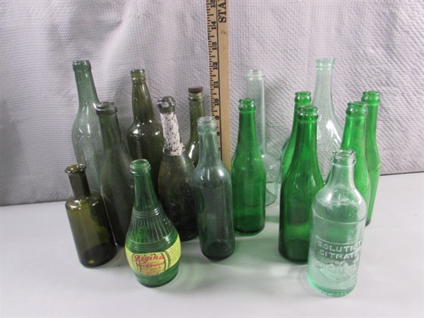 VINTAGE GREEN GLASS BOTTLES