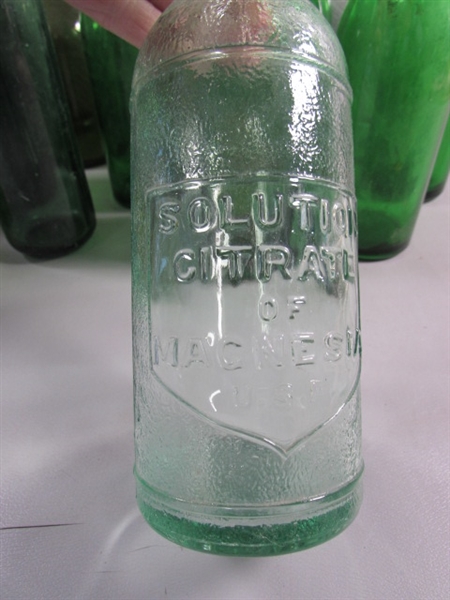 VINTAGE GREEN GLASS BOTTLES