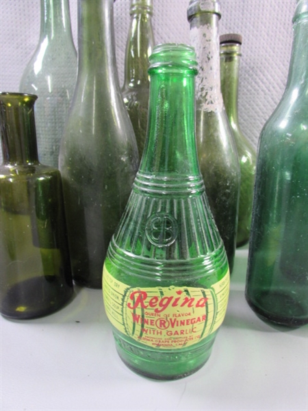 VINTAGE GREEN GLASS BOTTLES