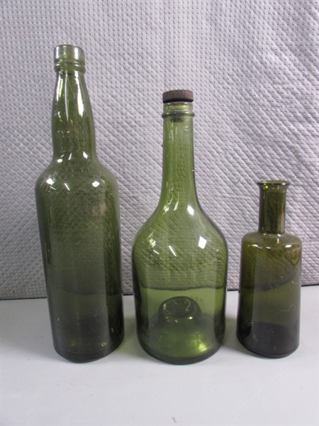 VINTAGE GREEN GLASS BOTTLES