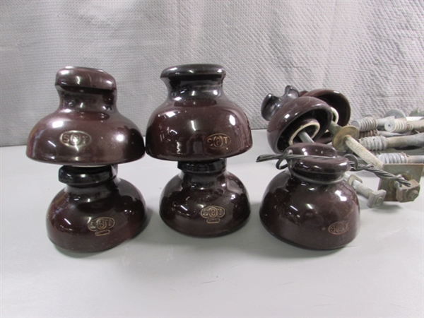 VINTAGE BROWN CERAMIC INSULATORS W/POSTS