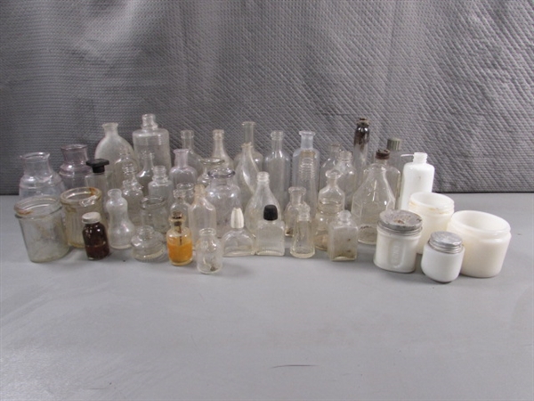 LOT #3 VINTAGE & ANTIQUE CLEAR & MILK GLASS BOTTLES