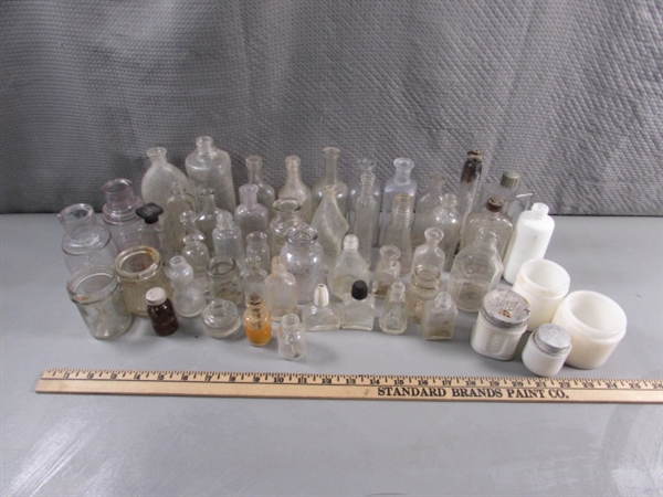 LOT #3 VINTAGE & ANTIQUE CLEAR & MILK GLASS BOTTLES