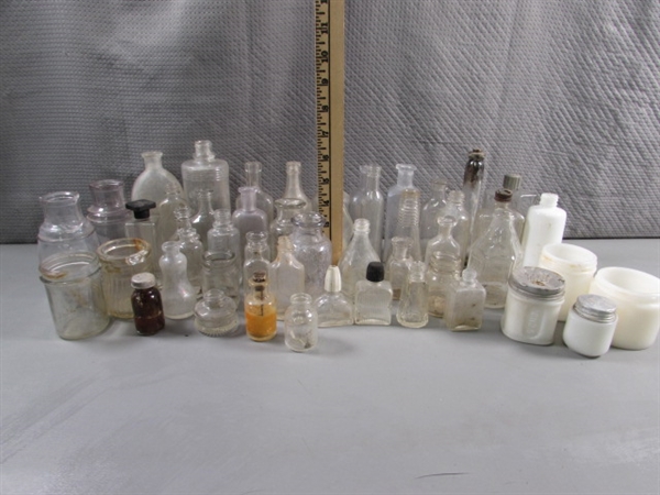 LOT #3 VINTAGE & ANTIQUE CLEAR & MILK GLASS BOTTLES