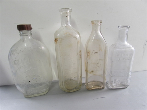 LOT #4 VINTAGE & ANTIQUE CLEAR GLASS BOTTLES W/RAISED LETTERING