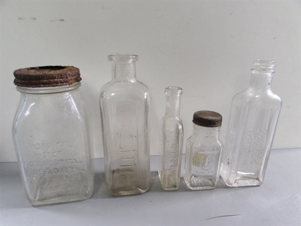 LOT #4 VINTAGE & ANTIQUE CLEAR GLASS BOTTLES W/RAISED LETTERING