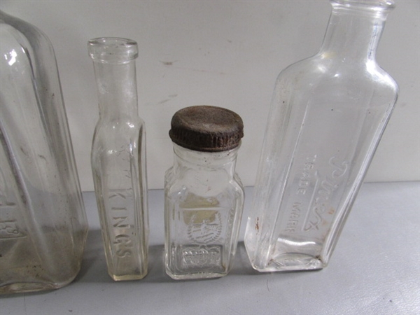 LOT #4 VINTAGE & ANTIQUE CLEAR GLASS BOTTLES W/RAISED LETTERING