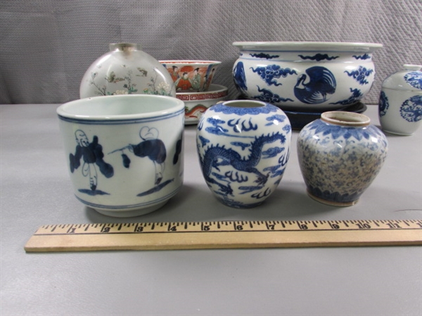 HAND PAINTED ORIENTAL JUG & OTHER DISHES