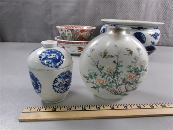 HAND PAINTED ORIENTAL JUG & OTHER DISHES