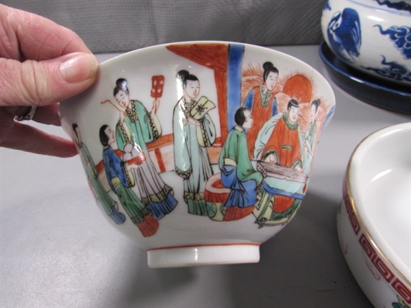 HAND PAINTED ORIENTAL JUG & OTHER DISHES