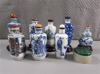 COLLECTION OF SMALL ORIENTAL BOTTLES WITH STONE STOPPERS