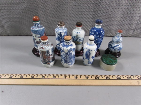 COLLECTION OF SMALL ORIENTAL BOTTLES WITH STONE STOPPERS