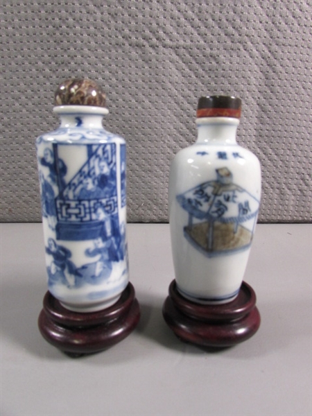 COLLECTION OF SMALL ORIENTAL BOTTLES WITH STONE STOPPERS