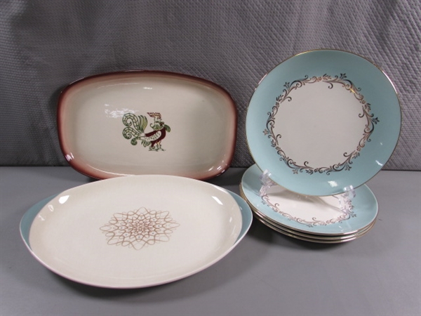 MCM ROYAL DOULTON DESERT STAR PLATTER, BROCK ROOSTER PLATE & 4 GOLD CROWN DINNER PLATES